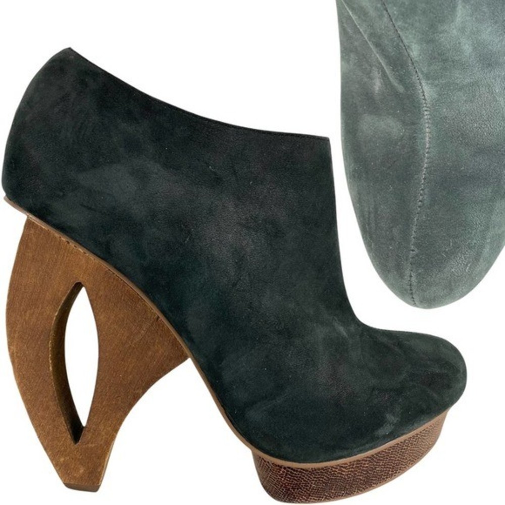Dolce Vita Black Suede Ankle Booties with Sculpted Wood Cutout Heel